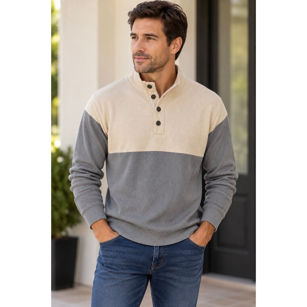 HengSheng Jeans Mens Ribbed Henley Pullover Colorblock Elbow Patch Mock Neck XL